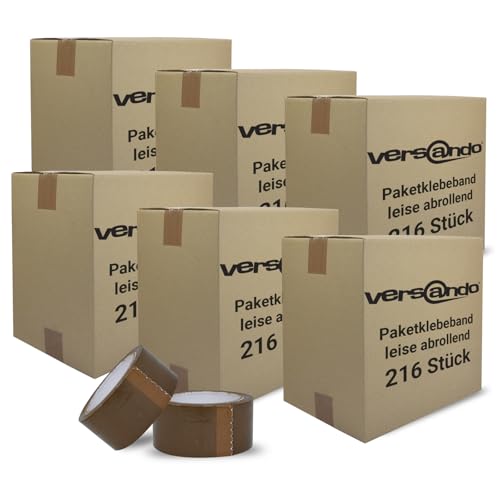 versando 216x geräuscharmes Packband braun 66m Klebeband zum Verpacken von Paketen + Kartons - starke Klebekraft leise abrollend 216 Rollen (6 Karton) von versando