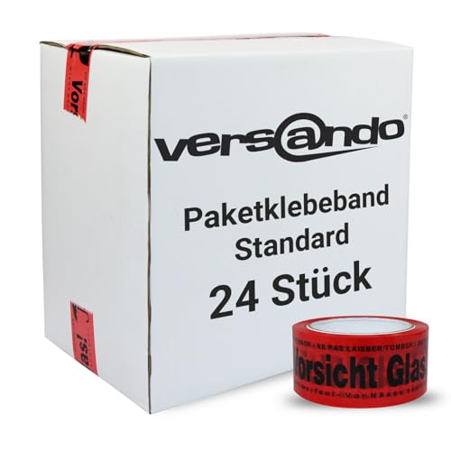 versando 24x Packband Vorsicht Glas rot 66m Klebeband zum Verpacken von Paketen + Kartons - starke Klebekraft 24 Rollen von versando