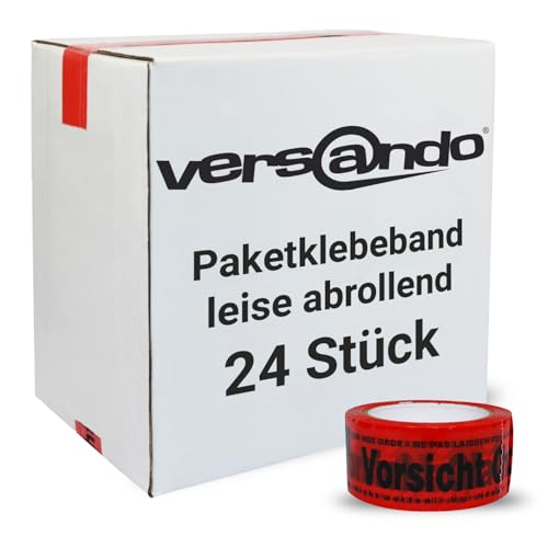 versando 24x geräuscharmes Packband Vorsicht Glas rot 66m Klebeband zum Verpacken von Paketen + Kartons - starke Klebekraft leise abrollend 24 Rollen von versando