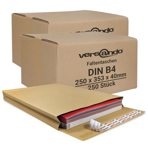 versando 250x B4 Faltentaschen 4cm Falte ohne Fenster (250x353x40 mm) Versandtaschen Bodenfalte haftklebend braun von versando