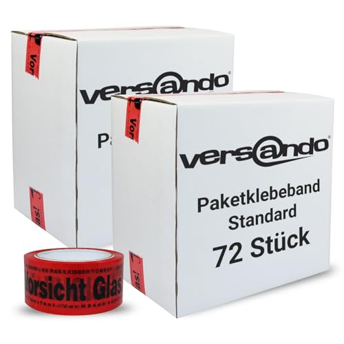 versando 72x Packband Vorsicht Glas rot 66m Klebeband zum Verpacken von Paketen + Kartons - starke Klebekraft 72 Rollen (2 Karton) von versando