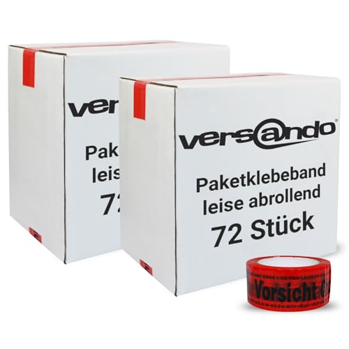 versando 72x geräuscharmes Packband Vorsicht Glas rot 66m Klebeband zum Verpacken von Paketen + Kartons - starke Klebekraft leise abrollend 72 Rollen (2 Karton) von versando