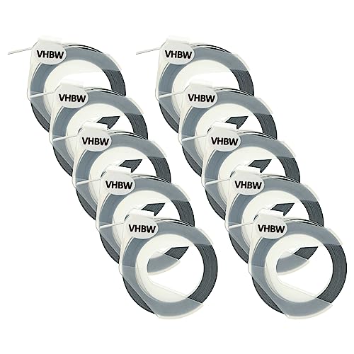 vhbw 10x 3D Prägeband-Schriftband-Kassette kompatibel mit Dymo 1755, 1765, 1805, 1855, Jet, Junior Etiketten-Drucker 9mm Weiß auf Schwarz von vhbw