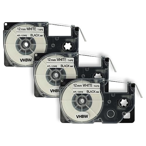 vhbw 3 x Kassette Patronen Schriftband 12mm kompatibel mit Casio KL-8100, KL-820, KL-8200, KL-C500, KL-P1000 Ersatz für Casio XR-12WE1, XR-12WE. von vhbw