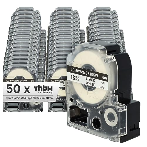 vhbw 50x Schriftband-Kassette kompatibel mit Epson LabelWorks LW-1000P, LW-600P, LW-500, LW-400, LW-400 Etiketten-Drucker 18mm Schwarz auf Weiß von vhbw