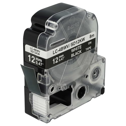 vhbw Schriftband-Kassette Ersatz für Epson LC-4BWV für Etiketten-Drucker 12mm Weiß auf Schwarz von vhbw