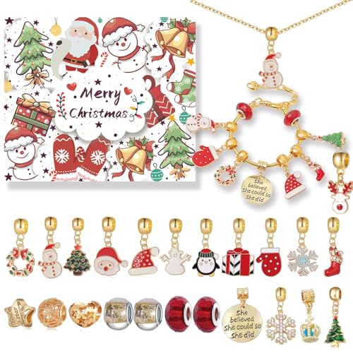 vohiko Weihnachts-Adventskalender-Armbänder für Mädchen, 24 Tage Weihnachts-Countdown-Kalender, DIY-Schmuckherstellungsset,22 Charm-Perlen, Geschenk von vohiko