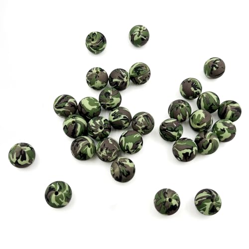 30Pcs Silikon Camouflage Perlen Grün Gedruckt Perlen 15mm Bunt Bemalt Perlen Silikon Spacer Perlen für Schlüsselanhänger Herstellung Armband Halskette DIY Stift Perlen von vokoko