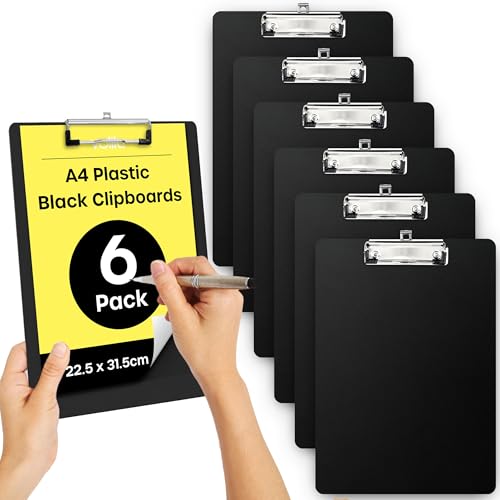 Klemmbrett A4 – 6er-Pack Schwarze Tragbare Klemmbretter zum Ordnen und Schützen von Dokumenten vor Beschädigungen – Leichte Clipboard mit sicherem Halter für Büro, Schule, Krankenhaus und Baustellen von volila