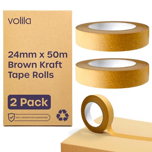 volila Papierklebeband - 2er Pack Braune Paketklebeband Papier - Kraftpapier Papier Klebeband für Umzugskartons, Rahmenband und Verpackungspakete - Recycelbares Band mit starker Klebkraft (24mm x 50m) von volila