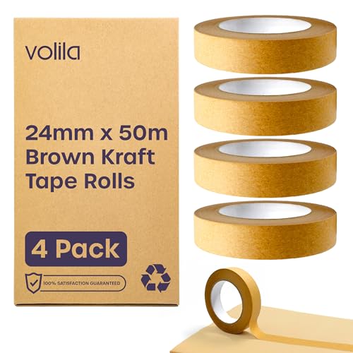 volila Papierklebeband - 4er Pack Braune Paketklebeband Papier - Kraftpapier Papier Klebeband für Umzugskartons, Rahmenband und Verpackungspakete - Recycelbares Band mit starker Klebkraft (24mm x 50m) von volila