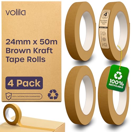 volila Papierklebeband - 4er Pack Braune Paketklebeband Papier - Kraftpapier Papier Klebeband für Umzugskartons, Rahmenband und Verpackungspakete - Recycelbares Band mit starker Klebkraft (24mm x 50m) von volila