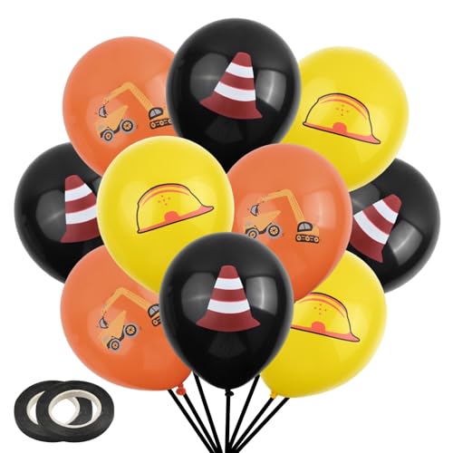 Baufahrzeug Luftballons, 36 Stück Bagger Latex Ballon, Baustelle Kindergeburtstag Deko, Orange Gelb Schwarz Truck Schutzhelme Barrikade Druck Latex Ballons für Kindergeburtstag Party Dekoration von volumoon