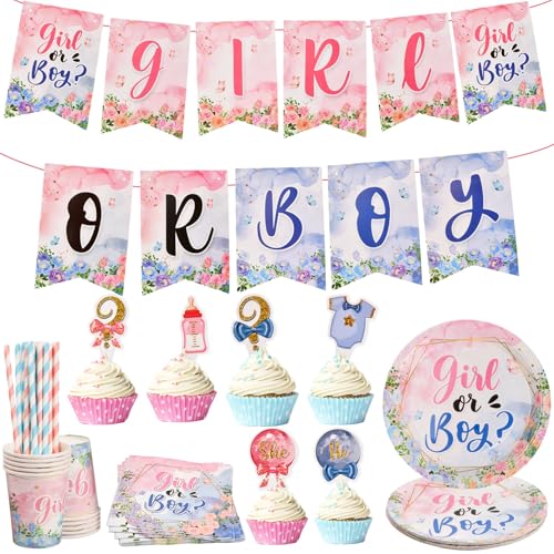 Partygeschirr,Boy or Girl Gender Reveal Party Teller Set,119 Stück Gender Reveal Geschirr, Baby Shower Unisex Baby Girl Kit Zubehör Babyparty Taufe Teller Karton Becher Servietten Papierstrohhalm von volumoon