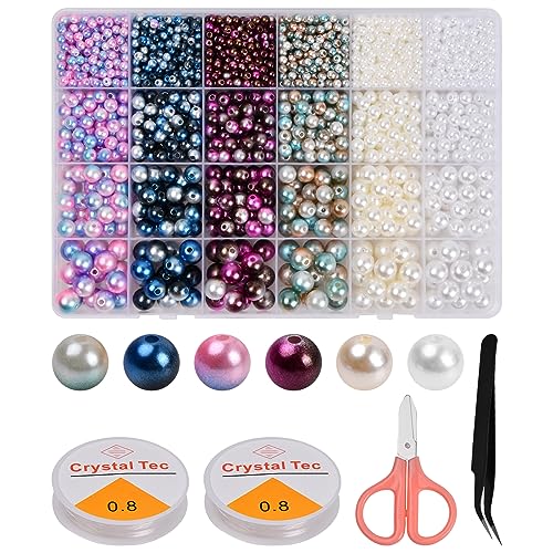 Volumoon 1890 Pcs Kleine Kunstperle mit Loch,6 Farben Harz Glasperlen,Bunte Perlen zum Auffädeln Basteln,4mm 6mm 8mm 10mm Runde Perlen,Glatte lose Perlen,für Schmuckherstellung Armbänder Halskette von volumoon