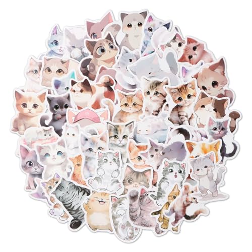 Volumoon Katze Stickers Set, 50 Stück Wasserfarben Katze Aufkleber, Cute Kawaii Sticker Set Katze, Wasserdicht Vinyl Sticker für Laptops, Skateboards, Wasserflaschen, Fahrräder, Gitarren von volumoon