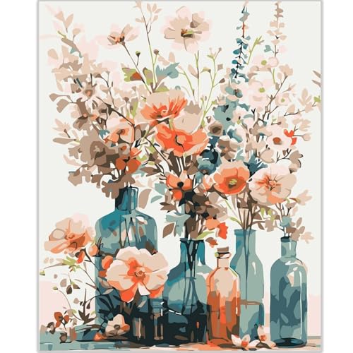 vooiceofco Malen Nach Zahlen Erwachsene Blumen Faltenfreie Leinwand mit 3 Pinseln Acrylpigment DIY Ölgemälde Leinwand Set 40X50CM Rahmenlos von vooiceofco