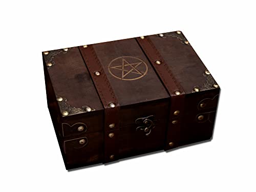 vuagmiv Truhe aus Holz und Leder, Holzkiste mit Pentagramm Gravur und Samtfutter, Aufbewahrungsbox für Wicca-Zubehör und Werkzeuge Aufbewahrungsbox von vuagmiv