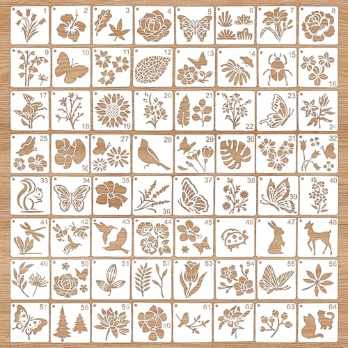 wadafen 64 Stück Schablonen Set,Schablonen Wandgestaltung Set,7.62x7.62cm Blumen Schablone,Blume Blätter Vogel Zeichnung Malschablonen,Tiermalerei Schablone,für Scrapbooking Holz Möbel Deko von wadafen