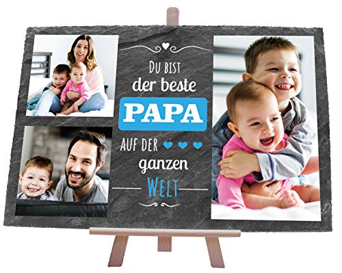 wandmotiv24 wandmotiv24 Schiefertafel Bester Papa, Personalisiert mit Ihren Farbfotos, Schieferschild 3 Motive inkl. Spruch, Holz-Staffelei, Querformat 30x20cm, Natur Schieferplatte, Foto-Geschenk, Dekoration von wandmotiv24