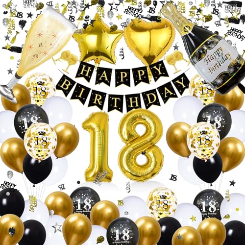 WAZIWE 18. Geburtstag Deko, Deko 18. Geburtstag MäDchen Junge, Geburtstagsdeko 18 Schwarz Gold, Luftballons 18 Geburtstag Deko Junge MäDchen, Konfetti Geburtstag 18 MäDchen Junge, Streudeko Geburtstag von waziwe