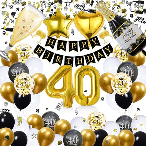 WAZIWE Deko 40 Geburtstag Mann, Luftballon 40 Geburtstag Frau,40 Geburtstag Männer Deko, Geburtstagsdeko Schwarz Gold, Konfetti Geburtstag Deko Mann Frauen, Streudeko Geburtstag, 40er Geburtstag Deko von waziwe