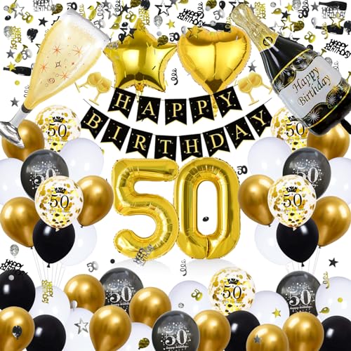 WAZIWE Deko 50. Geburtstag Mann, Luftballons 50. Geburtstag Frau Deko, Luftballons Geburtstag(50), Geburtstagsdeko Schwarz Gold, Konfetti Geburtstag Deko Mann Frauen, Streudeko Geburtstag Deko Mann von waziwe