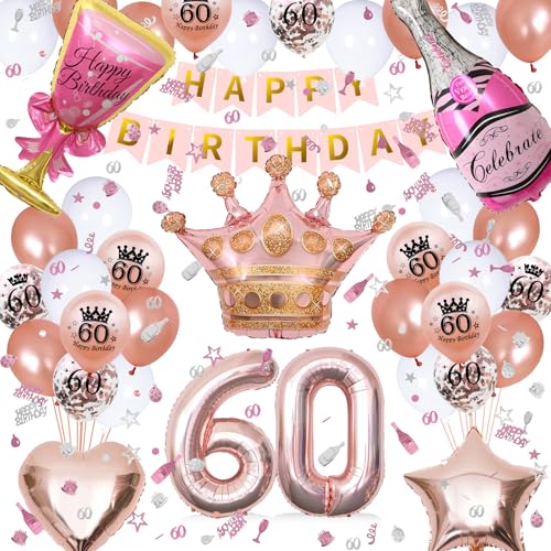 WAZIWE Deko 60 Geburtstag Frau, Luftballon 60 Geburtstag Frau, 60.ter Geburtstag Frau Pink, Luftballons Geburtstag 60 Frau, Konfetti Geburtstag 60 Frau, Streudeko Geburtstag Deko Frau von waziwe