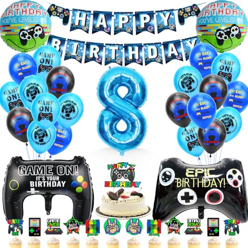 WAZIWE Gamer Deko Luftballon 8. Geburtstag Junge, Geburtstag Junge Folienballon 8, Geburtstagsdeko 8 jahre Junge, Ballon 8 Geburtstag Junge, Geburtstag 8 jahre Junge, Deko 8 Geburtstag Junge Blau von waziwe