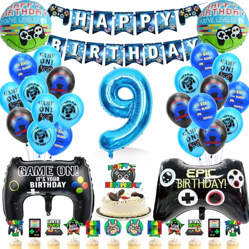 WAZIWE Gamer Deko Luftballon 9 jahre Junge, 9 Geburtstag Junge Set, Junge 9 jahre Partydeko, Geburtstagsdeko 9 jahre Junge, Geburtstag 9 jahre Junge, Deko 9 Geburtstag Junge Blau von waziwe