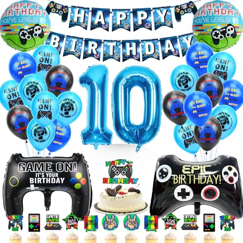 WAZIWE Gamer Deko Luftballons 10 Geburtstag, 10 Geburtstag Junge Set, Luftballon 10. Geburtstag Junge Partydeko, Geburtstagsdeko 10 Jahre Junge, 10. Geburtstag Junge, Deko 10 Geburtstag Junge Blau von waziwe