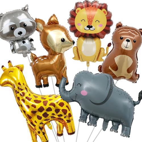 Waziwe 6 Stück Große Luftballon Tiere, Party Animals Luftballons Geburtstag, Waldtiere Geburtstag Deko mit Giraffe, Braunbär, Elefant, Löwe, Waschbär, Rehkitz Folienballon von waziwe