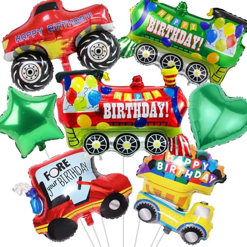 Waziwe 7 Stück XXL Happy Birthday Ballon，Folienballon Geburtstag Deko enthält Pickup-Truck、Zug、Golfwagen、LKW-Ballon，Helium Ballons Können für Kindergeburtstag Deko, Party Deko von waziwe