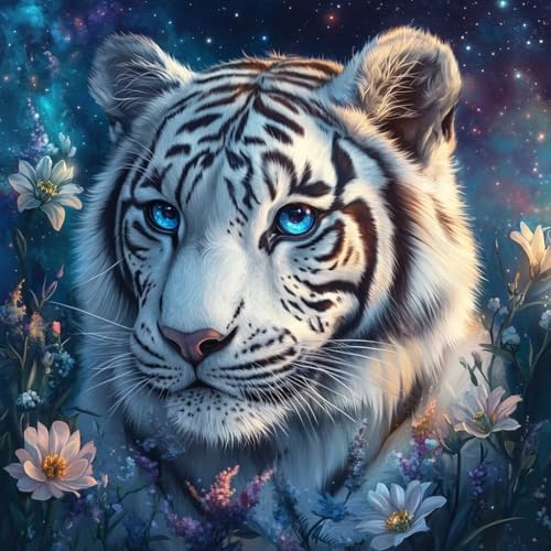 DIY WeißEr Tiger Diamond Painting Erwachsene, 5D Blume Diamant Painting Bilder Kinder Anfänger, Mosaik Bastelset Erwachsene Diamanten Malerei Stickerei Kreuzstich Home Wand Dekor 30x30 cm V-17 von wcusmmog