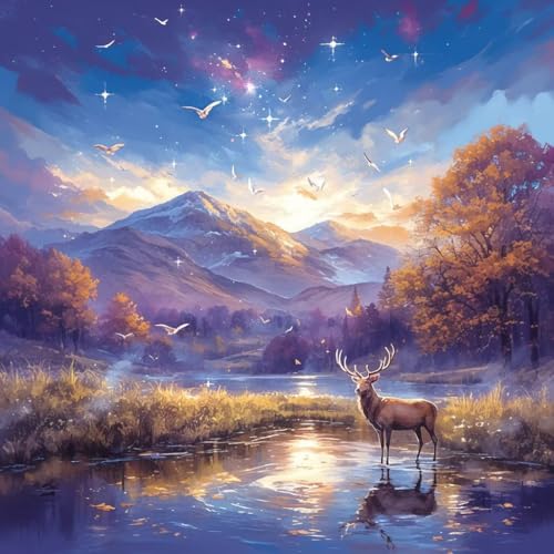 Diamond Painting Erwachsene Hirsch, Diamant Painting Landschaft Bilder 5D DIY Diamant Bastelset Erwachsene Anfänger, Geeignet Als Geschenk und Wohnzimmer Schlafzimmer Wand Dekoration 20x20 cm V-647 von wcusmmog