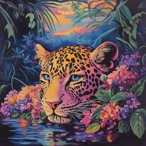 Diamond Painting Erwachsene Leopard, Diamant Painting Blume Bilder 5D DIY Diamant Bastelset Erwachsene Anfänger, Geeignet Als Geschenk und Wohnzimmer Schlafzimmer Wand Dekoration 60x60 cm V-28 von wcusmmog