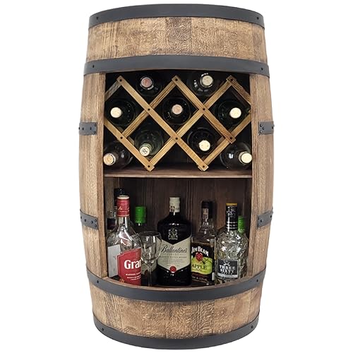 weeco Holzfass mit Weinhalter – Weinregal - Fass Weinregal Holz - Alkohol Schrank - Barschrank 80cm. Deko Regal - Hausbar Theke - Fassmöbel Geschenk. Rustikale Kommode - Hausbar Weinschrank von weeco