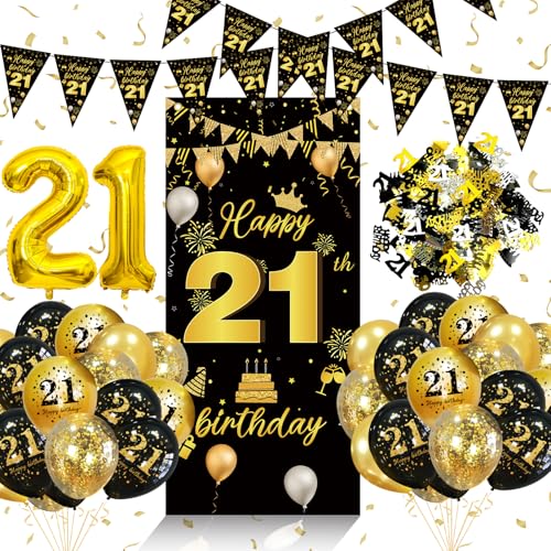 21 Geburtstag Deko Mann Frau, Deko 21. Geburtstag Schwarz Gold mit Luftballons 21. Geburtstag, Konfetti 21. Geburtstag Deko, Luftballons Geburtstagdeko 21 Jahre für 21. Geburtstag Frau Männer Frauen von weeyin