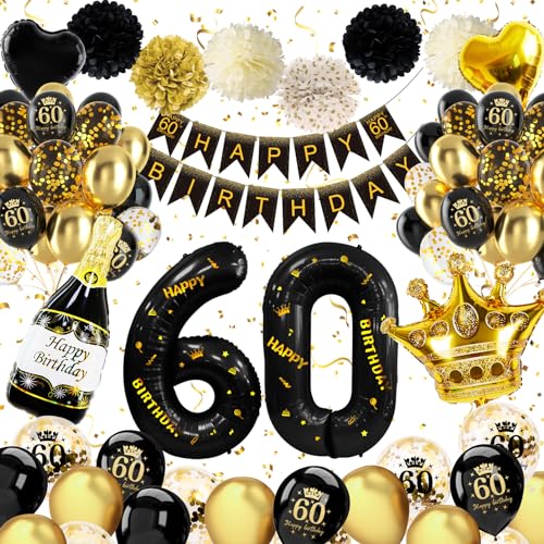 60 Geburtstag Frauen Männer, Schwarz Gold Deko 60 Geburtstag Mann Frau, 60 Geburtstag Deko mit Happy Birthday Banner Konfetti Luftballons 60. Geburtstag Nummer 60 Folienballons für 60. Geburtstag Deko von weeyin