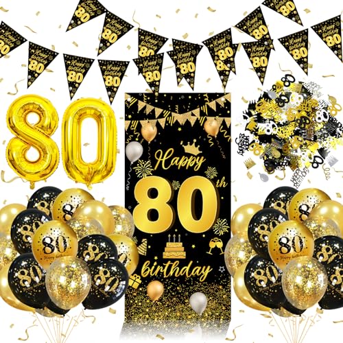 80 Geburtstag Deko Mann Frauen, 80 Geburtstag Männer Frauen Dekorationen Banner Schwarz Gold, Happy Birthday Banner Wimpelkette, Konfetti 80. Geburtstag Deko, Luftballons Geburtstagdeko 80 von weeyin