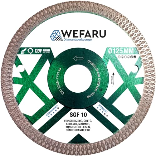 WEFARU Profi Diamanttrennscheibe 125mm x 22,23 SGF für Fliesen, Feinsteinzeug, Keramik Diamant Fliesenscheibe extra dünn von wefaru