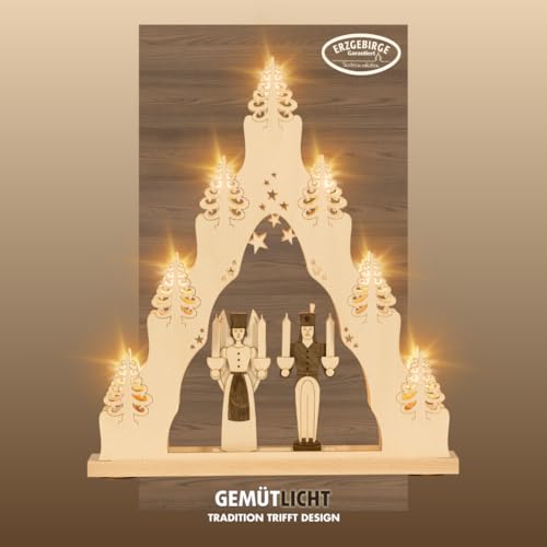 WEIGLA - Lichterspitze original Erzgebirge I Motiv Engel & Bergmann I LED Lichterbogen Weihnachten I 7 Lampenkerzen + 1 Ersatzlampe I 7 x 34 V, 0,2 W, E10 I beleuchtete Weihnachtsdeko innen I aus Holz von weigla