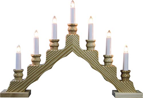 weigla - Schwedenleuchter original Erzgebirge I Trendiger Schwede NATUR I LED I Schwibbogen Weihnachten I 7 Lampenkerzen + 1 Ersatzlampe I 7 x 34 V, 0,2 W, E10 I Weihnachtsdeko innen I Kiefernholz von weigla