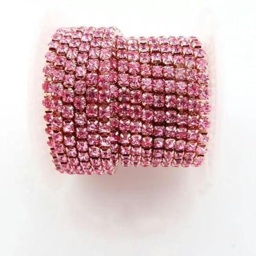 Strasskette aus Glaskristall mit Krallenbasis in Champagnergold, 2 mm, 2,5 mm, 2,8 mm, 3 mm, 4 mm, hohe Dichte, zum Aufnähen und Aufkleben, DIY-Besatz-Pink-SS12, 3 mm, 2 Yards von wejiay