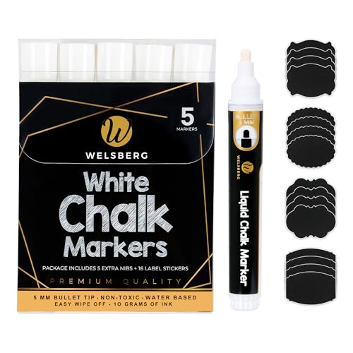 welsberg Kreidestifte Marker Set Weiss, 5 Stück Flüssigkreide-Markern 5mm Spitze mit 16 Etiketten und 5 Extra Spitzen, Kreidemarker für Tafeln, Fenster, Glas, Whiteboard, 10 Gramm Jumbo Tinte von welsberg