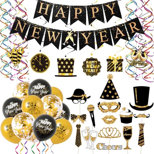 wenweo Happy New Year Deko 2025, Silvester Deko 2025, Deko Silvester Party 2025 umfasst Luftschlangen Silvester、Tischdeko Silvester、Happy New Year Girlande、Hänge Dekoration、Silvesterdeko Ballon von wenweo