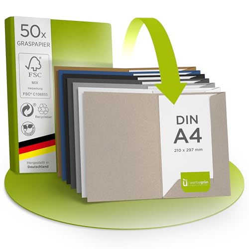 Werbegrün Präsentationsmappe A4 – 50 Stück Natur (Graspapier) | FSC® MIX 70% | Dokumentenmappe aus 320g/m² Pappe | Mit Visitenkartenschlitz | Made in Germany | Direkt vom Hersteller von werbegruen