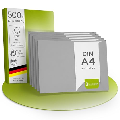 werbegruen Präsentationsmappe 500 Stück A4 Silbergrau Hochwertig | Stabiler, DIN A4 320g/m² Karton | Made in Germany | Visitenkartenschlitz | Einschlagmappe, Zeugnismappe, Dokumentenmappe von werbegruen