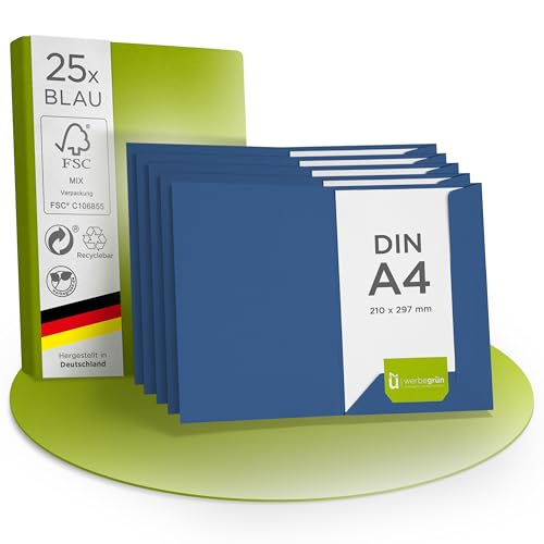 werbegruen Präsentationsmappe 25 Stück A4 Blau Hochwertig | Stabiler, DIN A4 320g/m² Karton | Made in Germany | Visitenkartenschlitz | Einschlagmappe, Zeugnismappe, Dokumentenmappe von werbegruen