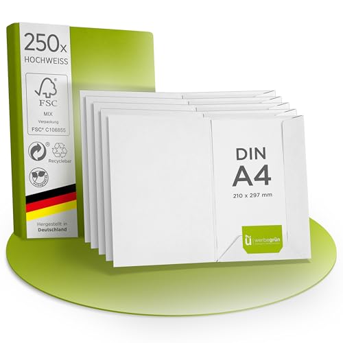 werbegruen Präsentationsmappe 250 Stück A4 Weiß Hochwertig | Stabiler, DIN A4 320g/m² Karton | Made in Germany | Visitenkartenschlitz | Einschlagmappe, Zeugnismappe, Dokumentenmappe von werbegruen